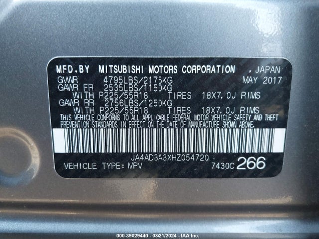 JA4AD3A3XHZ054720 Mitsubishi Outlander Se/sel