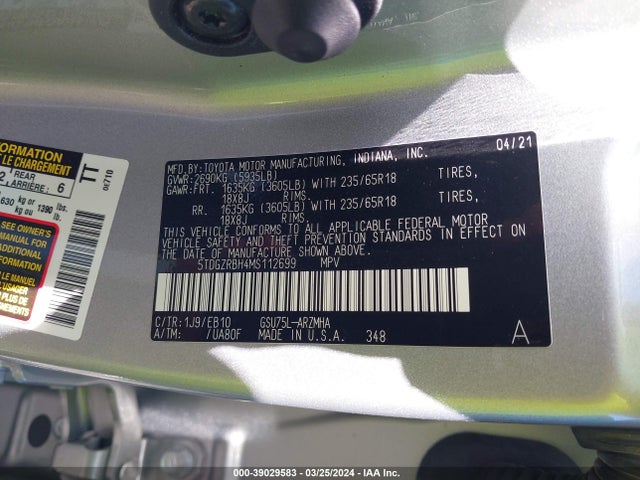 Toyota Highlander Xle 2021 5TDGZRBH4MS112699 Image 9