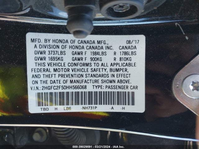 Honda Civic Lx 2017 2HGFC2F50HH566068 Image 9