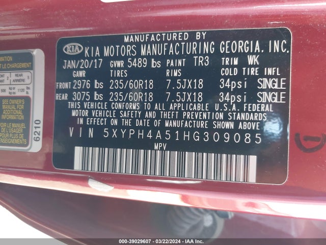 KIA Sorento 3.3l Ex 2017 5XYPH4A51HG309085 Image 9