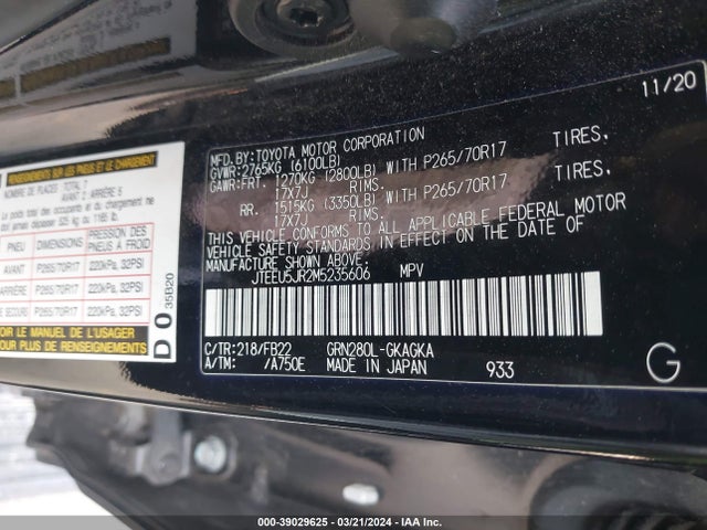 Toyota 4RUNNER SR5 2021 JTEEU5JR2M5235606 Image 9