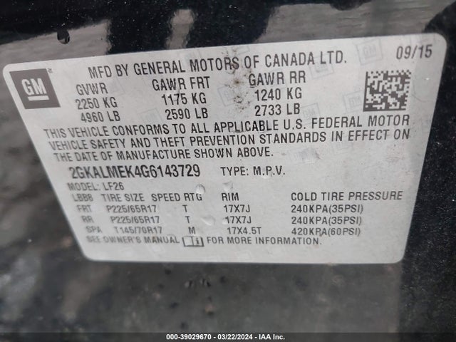 GMC Terrain Sle-1 2016 2GKALMEK4G6143729 Image 9