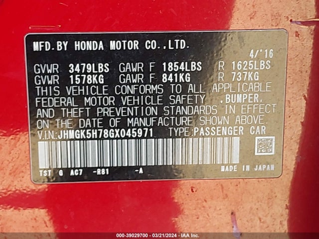 Honda FIT EX 2016 JHMGK5H78GX045971 Image 9