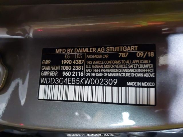 WDD3G4EB5KW002309 Mercedes-Benz A 220