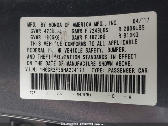 Honda ACCORD LX 2017 1HGCR2F35HA204171 Image 9