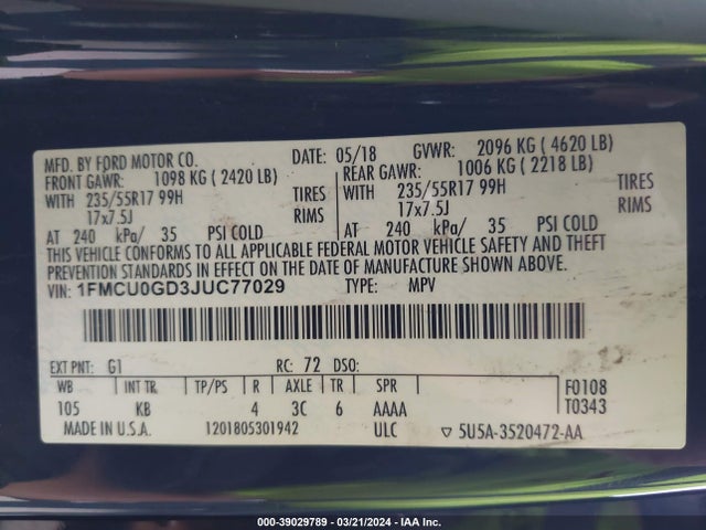 Ford ESCAPE SE 2018 1FMCU0GD3JUC77029 Image 9