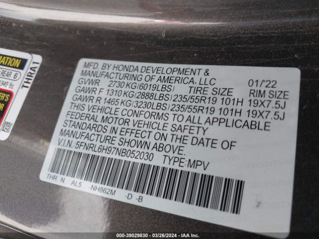 5FNRL6H97NB052030 Honda Odyssey Elite
