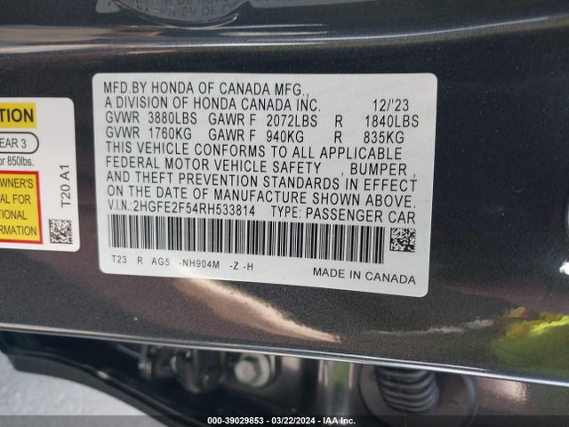 Honda Civic Sport 2024 2HGFE2F54RH533814 Image 9