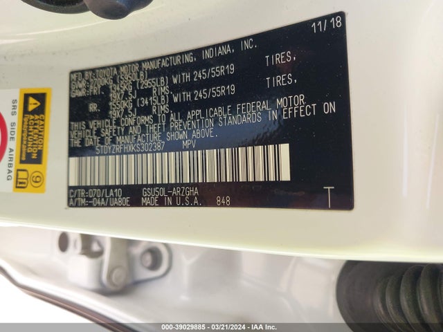 Toyota Highlander Limited 2019 5TDYZRFHXKS302387 Image 9