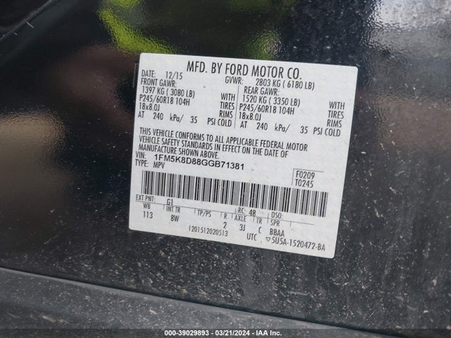 Ford EXPLORER XLT 2016 1FM5K8D88GGB71381 Image 9