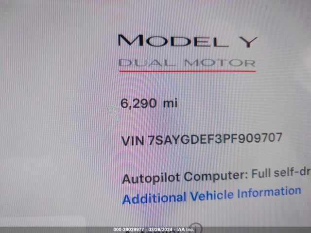 7SAYGDEF3PF909707 Tesla Model Y Awd/performance Dual Motor All-wheel Drive