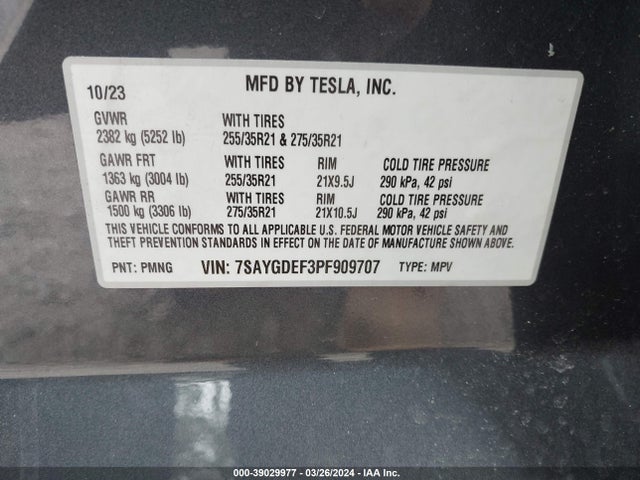 7SAYGDEF3PF909707 Tesla Model Y Awd/performance Dual Motor All-wheel Drive