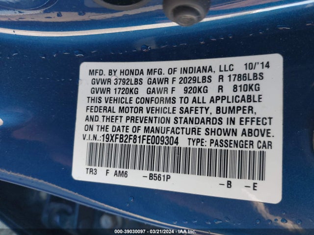 Honda CIVIC EX 2015 19XFB2F81FE009304 Image 9