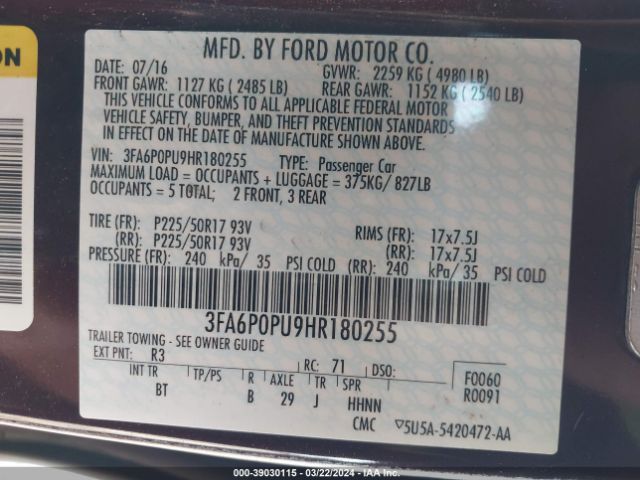 3FA6P0PU9HR180255 Ford Fusion Energi Se Luxury