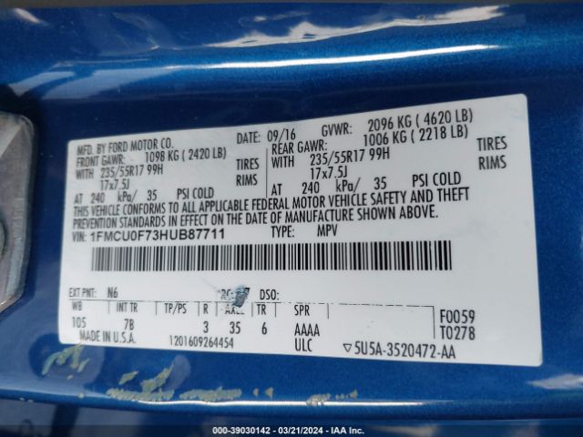 1FMCU0F73HUB87711 Ford ESCAPE S