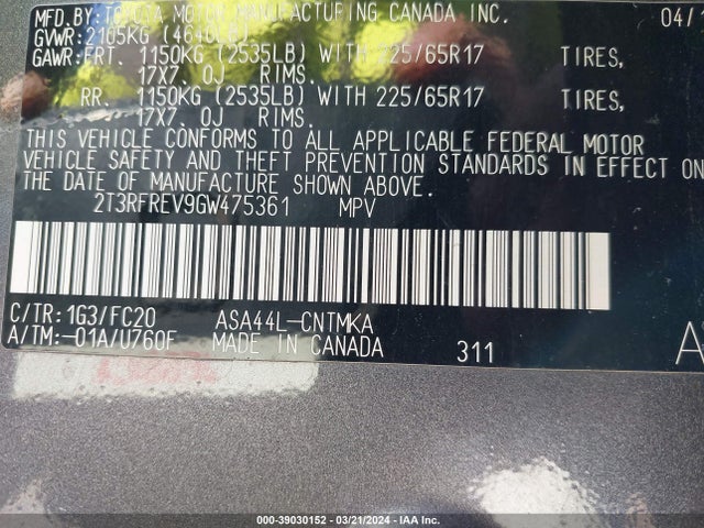 Toyota Rav4 Xle 2016 2T3RFREV9GW475361 Image 9