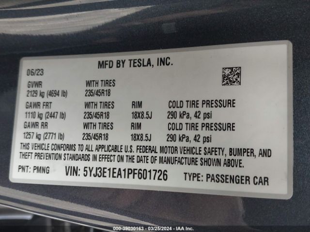 5YJ3E1EA1PF601726 Tesla Model 3 Rear-wheel Drive