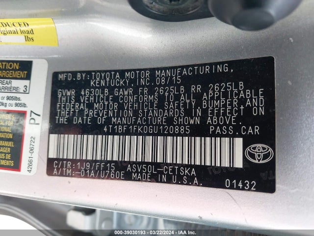 Toyota CAMRY SE 2016 4T1BF1FK0GU120885 Image 9