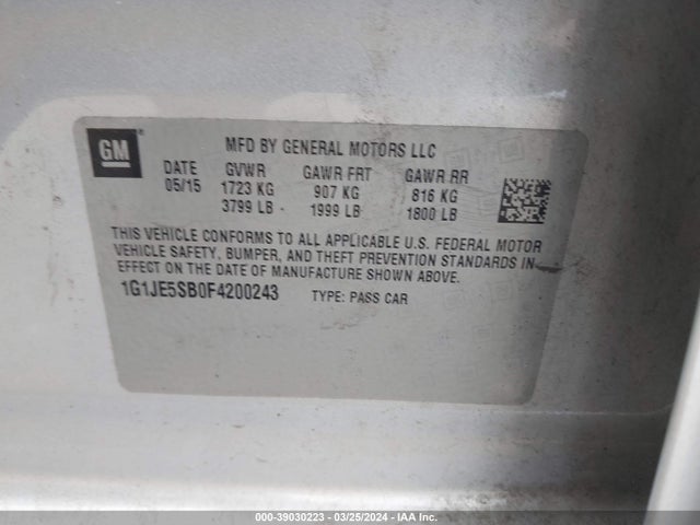 Chevrolet Sonic Ltz Auto 2015 1G1JE5SB0F4200243 Image 9