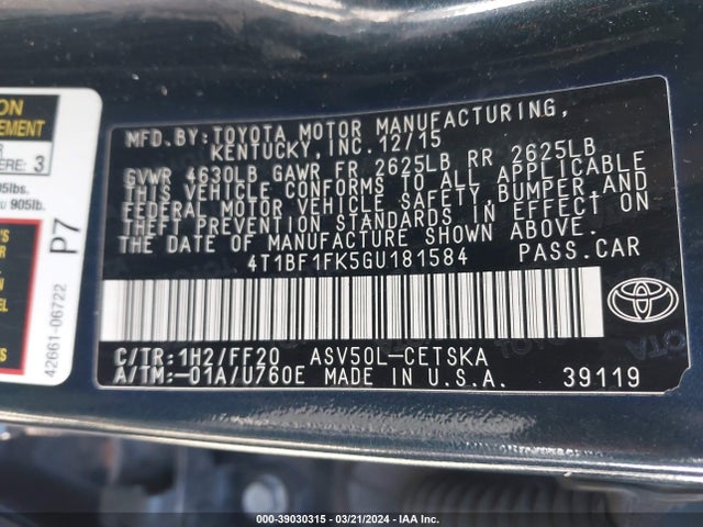 Toyota CAMRY SE 2016 4T1BF1FK5GU181584 Image 9