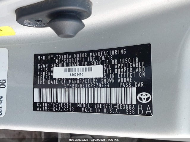 Toyota COROLLA LE 2019 5YFBURHE4KP879724 Image 9