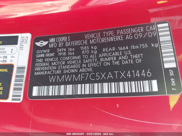 2010 MINI COOPER S WMWMF7C5XATX41446 Photo 8