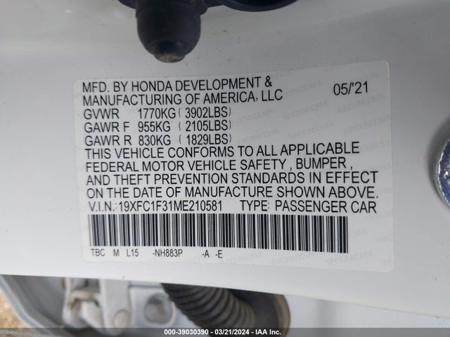 Honda CIVIC EX 2021 19XFC1F31ME210581 Image 9