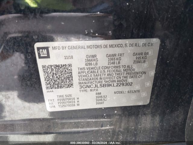 3GNCJLSB9KL229302 Chevrolet Trax Lt
