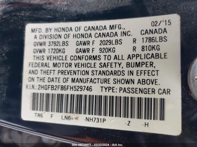 Honda CIVIC EX 2015 2HGFB2F86FH529746 Image 9