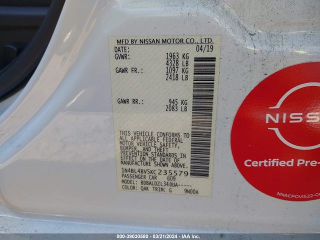 Nissan Altima 2.5 S 2019 1N4BL4BV5KC235579 Image 9