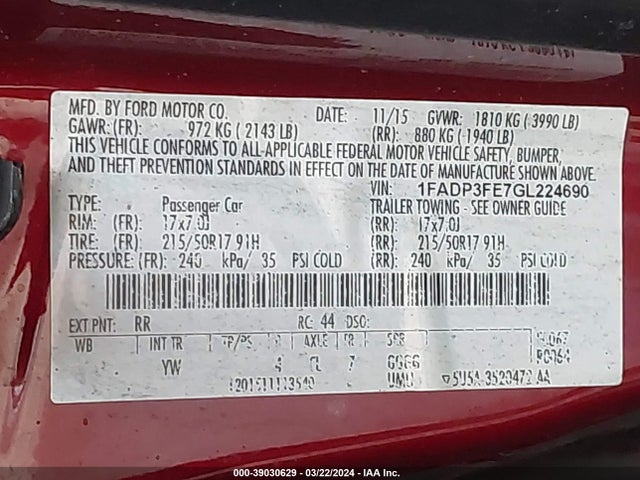 Ford FOCUS SE 2016 1FADP3FE7GL224690 Image 9