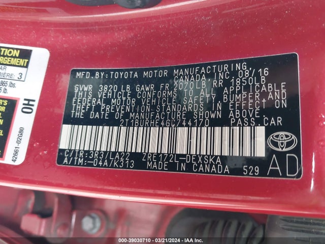Toyota Corolla S Premium 2016 2T1BURHE4GC744170 Image 9