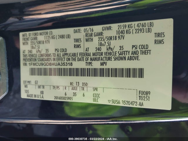 Ford ESCAPE SE 2017 1FMCU9GD8HUA35318 Image 9
