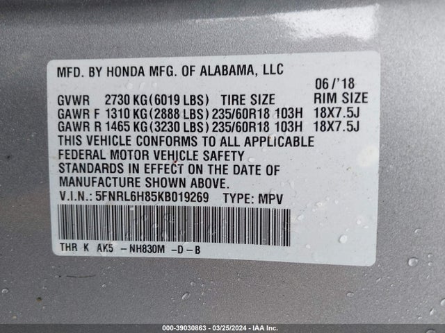 Honda Odyssey Touring 2019 5FNRL6H85KB019269 Image 9