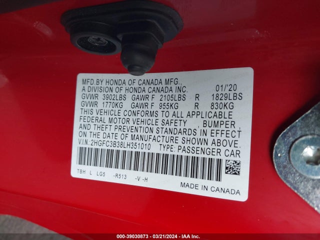 Honda CIVIC EX 2020 2HGFC3B38LH351010 Image 9