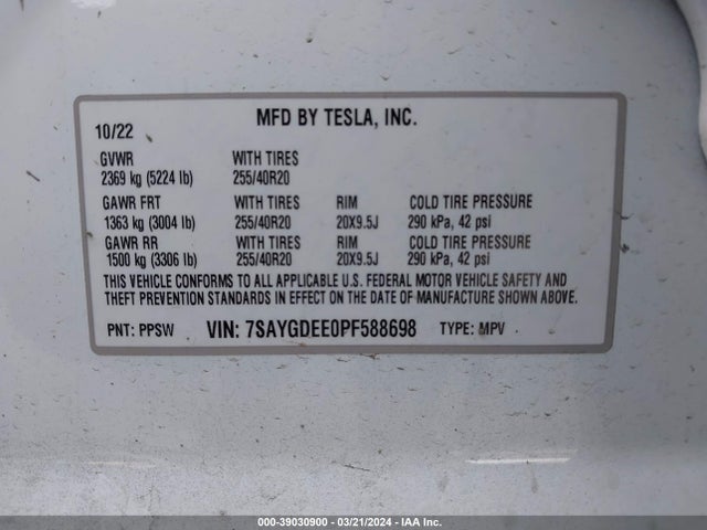 7SAYGDEE0PF588698 Tesla Model Y Awd/long Range Dual Motor All-wheel Drive