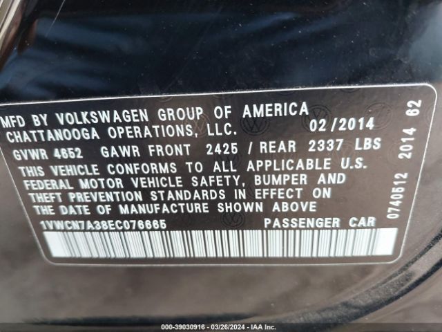 1VWCN7A38EC076665 Volkswagen Passat 2.0l Tdi Sel Premium