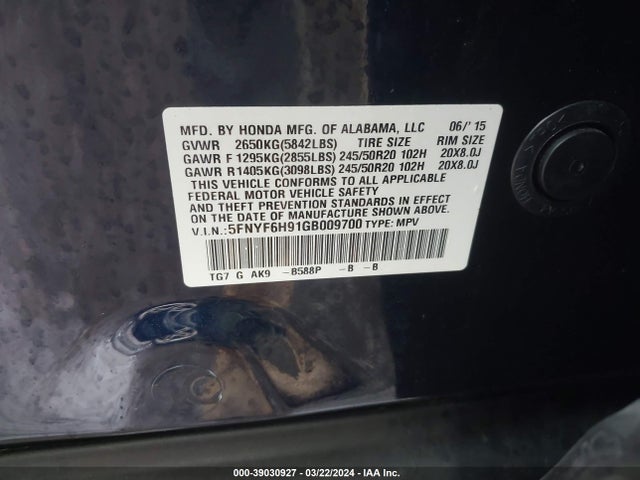 Honda Pilot Touring 2016 5FNYF6H91GB009700 Image 9
