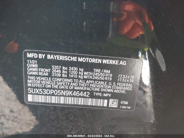 BMW X3 Xdrive30i 2022 5UX53DP05N9K46442 Image 9