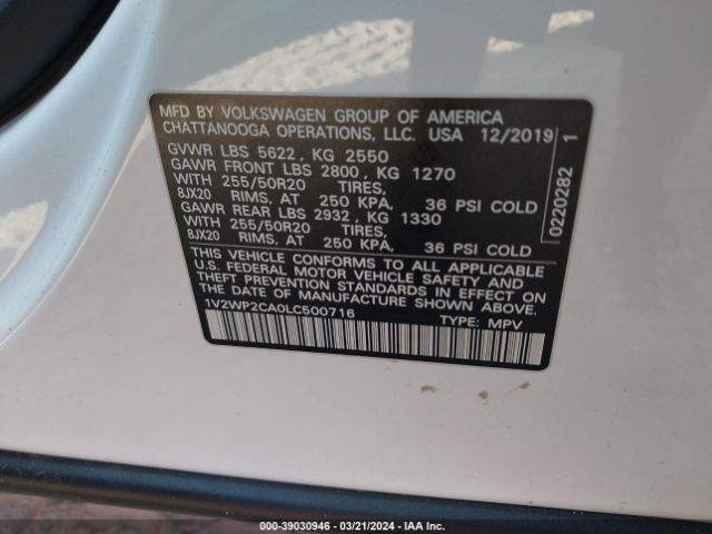 1V2WP2CA0LC500716 Volkswagen Atlas 2.0t Se W/technology