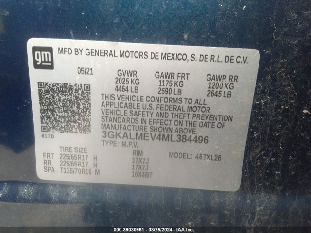 3GKALMEV4ML384496 GMC Terrain Fwd Sle