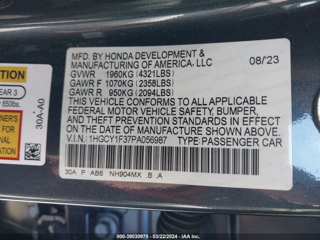 Honda ACCORD EX 2023 1HGCY1F37PA056987 Image 9