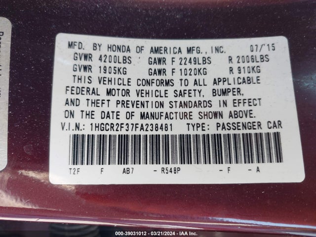 Honda ACCORD LX 2015 1HGCR2F37FA238481 Image 9