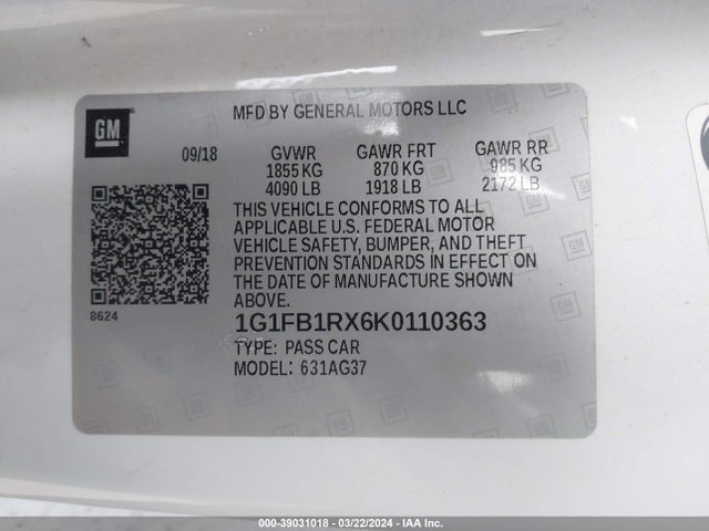 Chevrolet Camaro 1lt 2019 1G1FB1RX6K0110363 Image 9