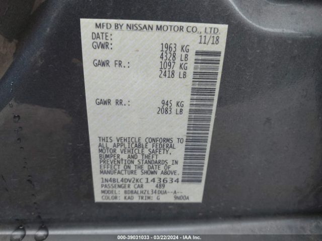 1N4BL4DV2KC143634 Nissan Altima 2.5 Sv