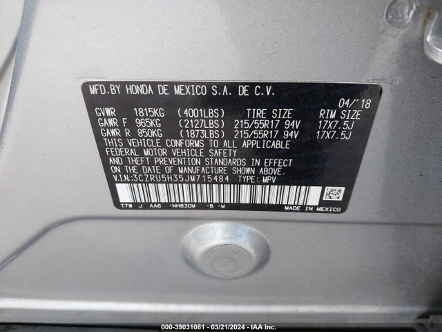 Honda HR-V LX 2018 3CZRU5H35JM715484 Image 9