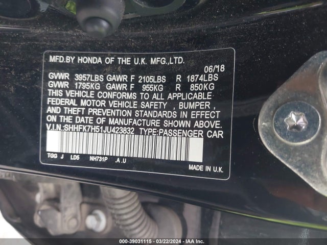 Honda CIVIC EX 2018 SHHFK7H51JU423832 Image 9