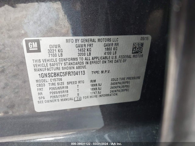 Chevrolet Tahoe Lt 2015 1GNSCBKC5FR704113 Image 9
