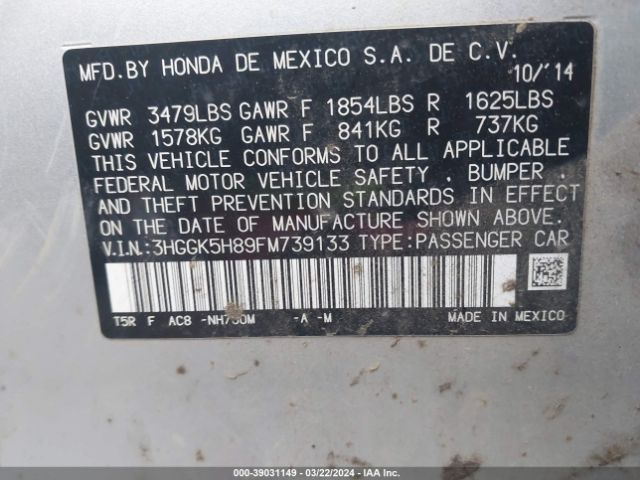 3HGGK5H89FM739133 Honda Fit Ex/ex-l