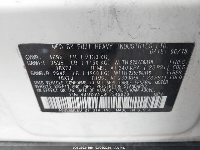 Subaru Outback 2.5i Limited 2015 4S4BSANC9F3349978 Image 9